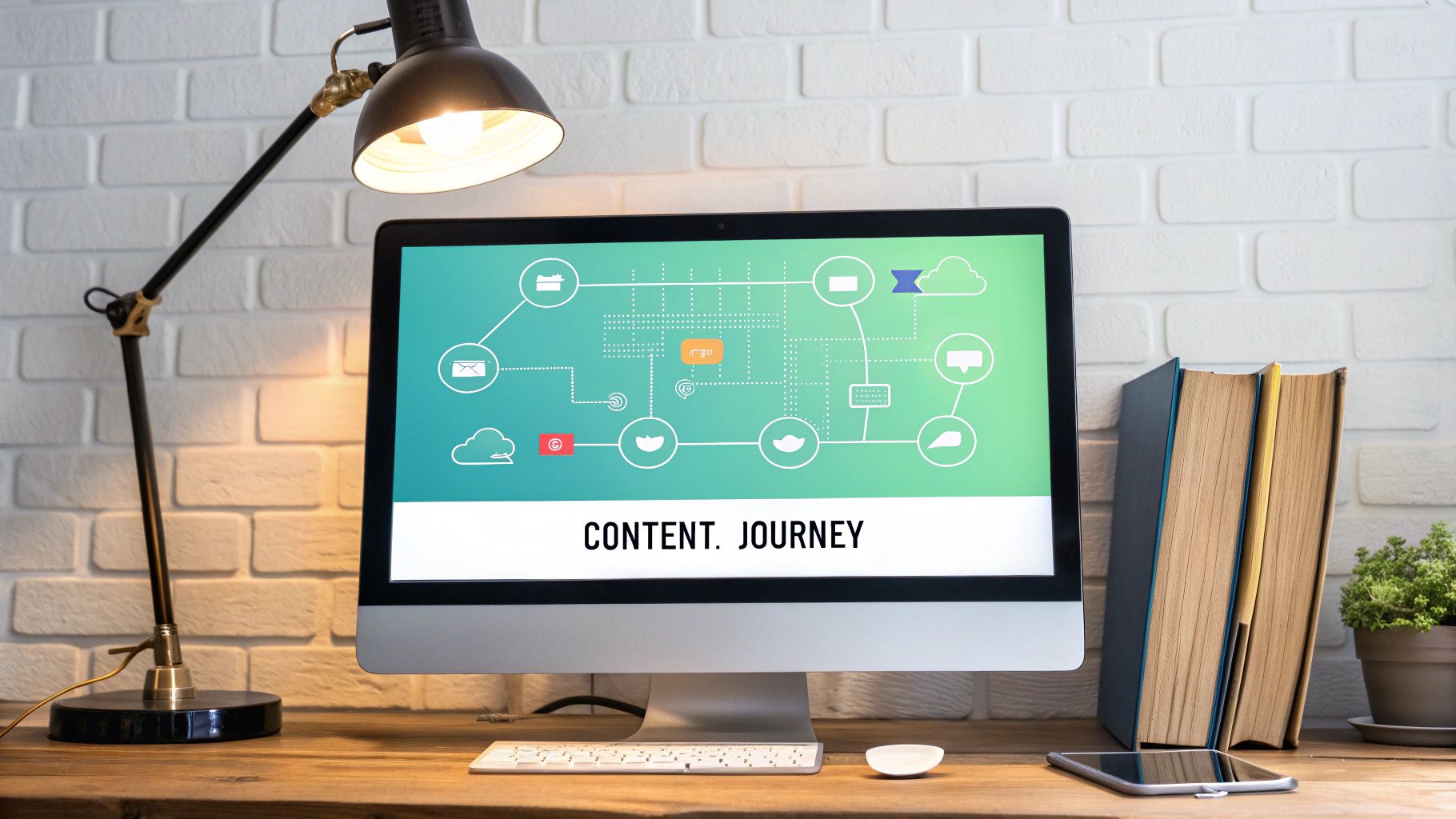 A detailed diagram showing a customer journey map with various touchpoints and content types at each stage.