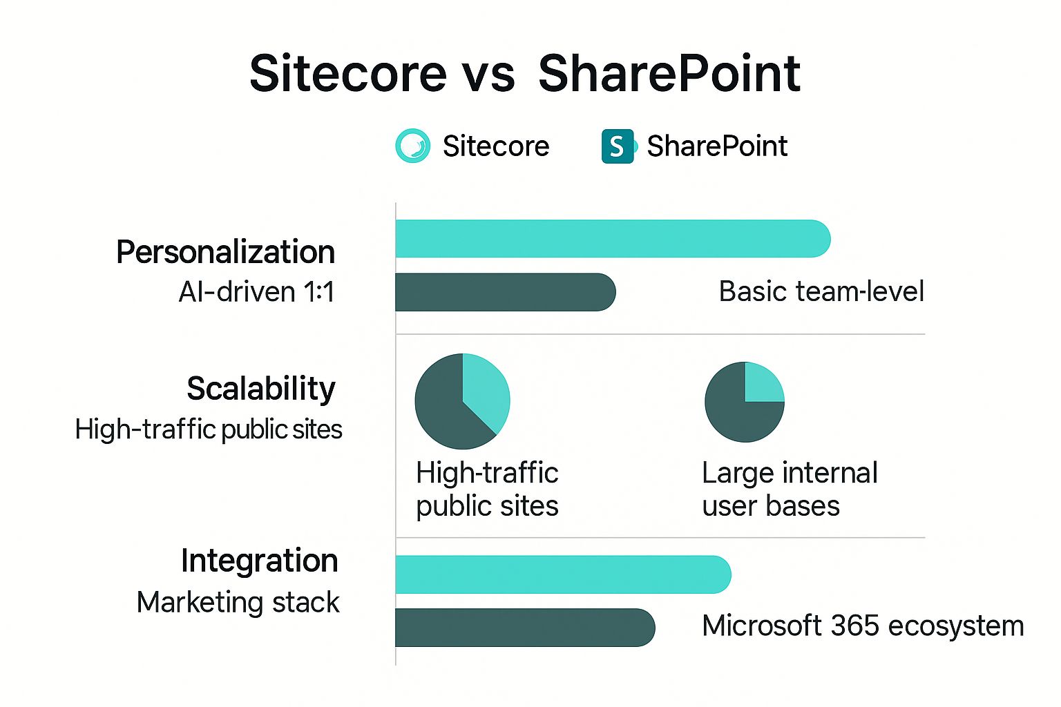Infographic comparing Sitecore vs SharePoint on personalization, scalability, and integration.