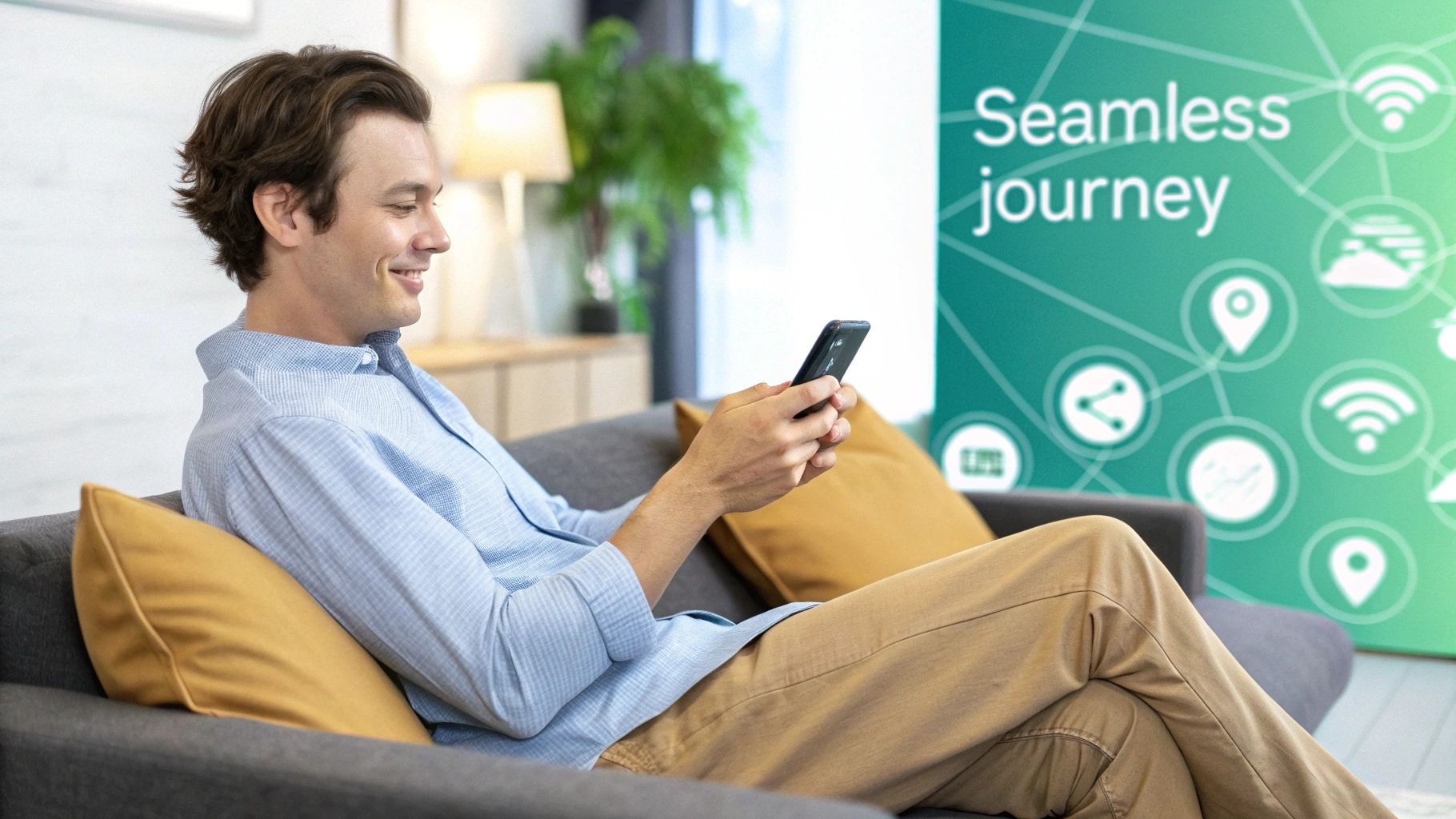 A person interacting with various digital touchpoints of a brand on different devices.