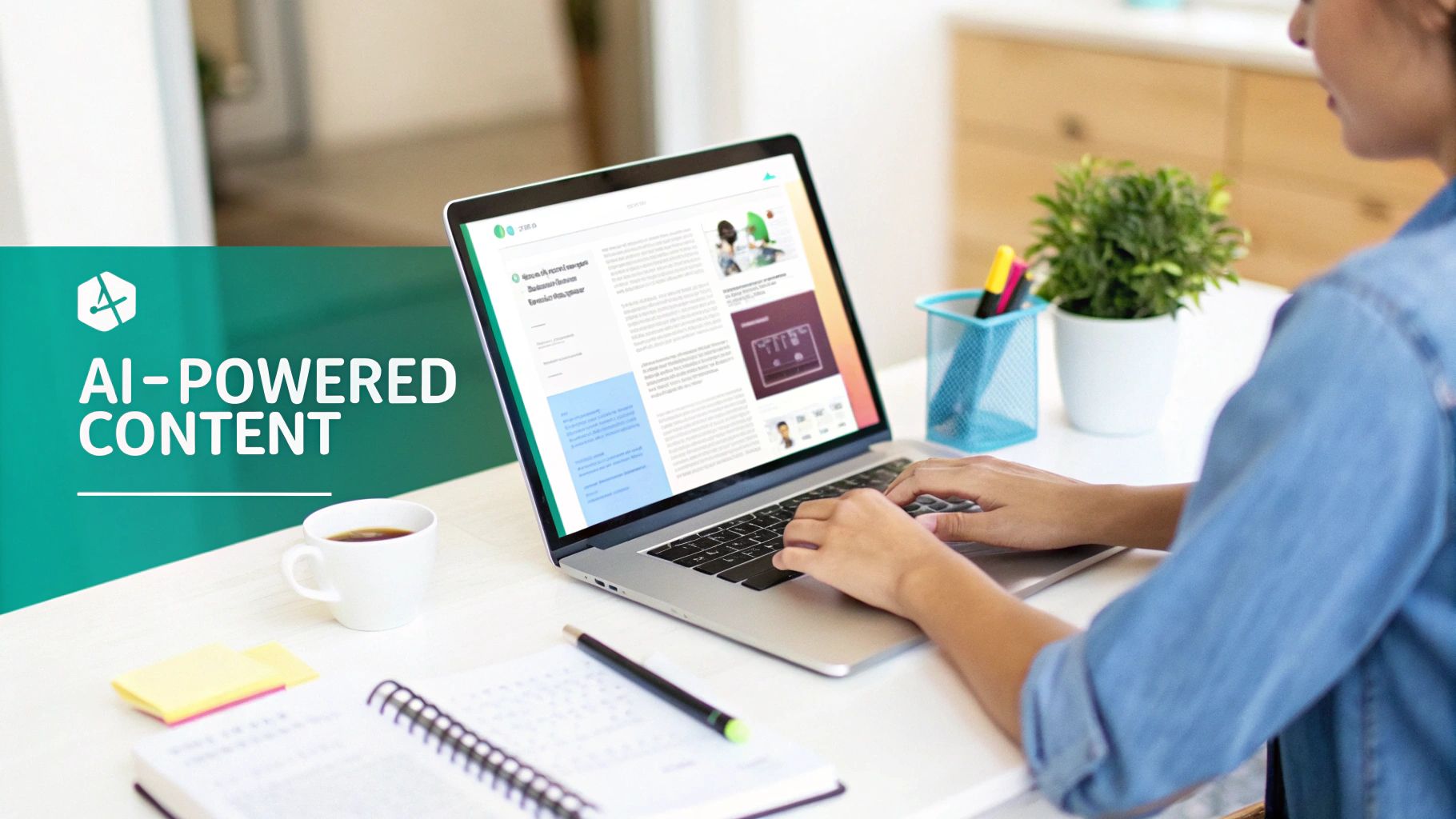 A digital illustration showing interconnected nodes representing AI, content creation, personalization, and distribution, symbolizing an intelligent ecosystem.