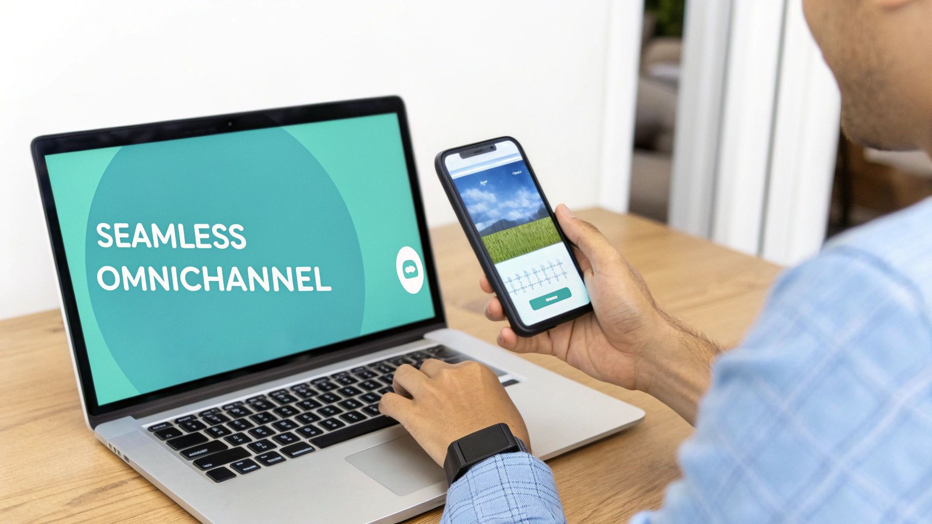A visual representation of an omnichannel customer journey, with a customer at the center connected to various touchpoints like a laptop, mobile phone, and physical store.