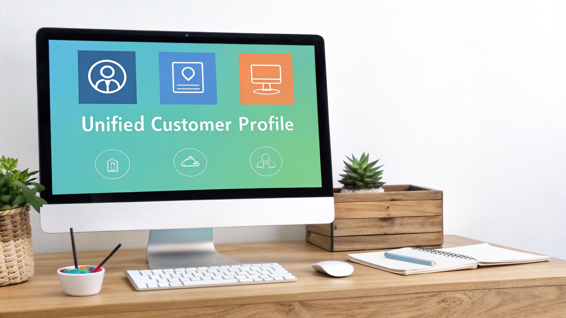 Three icons representing the pillars of an omnichannel strategy: a person for customer profile, a brand logo for experience, and gears for operations.