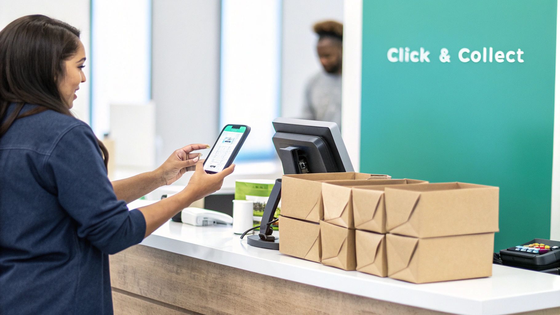 A customer using a store's self-service kiosk to check product availability, illustrating an omnichannel feature.