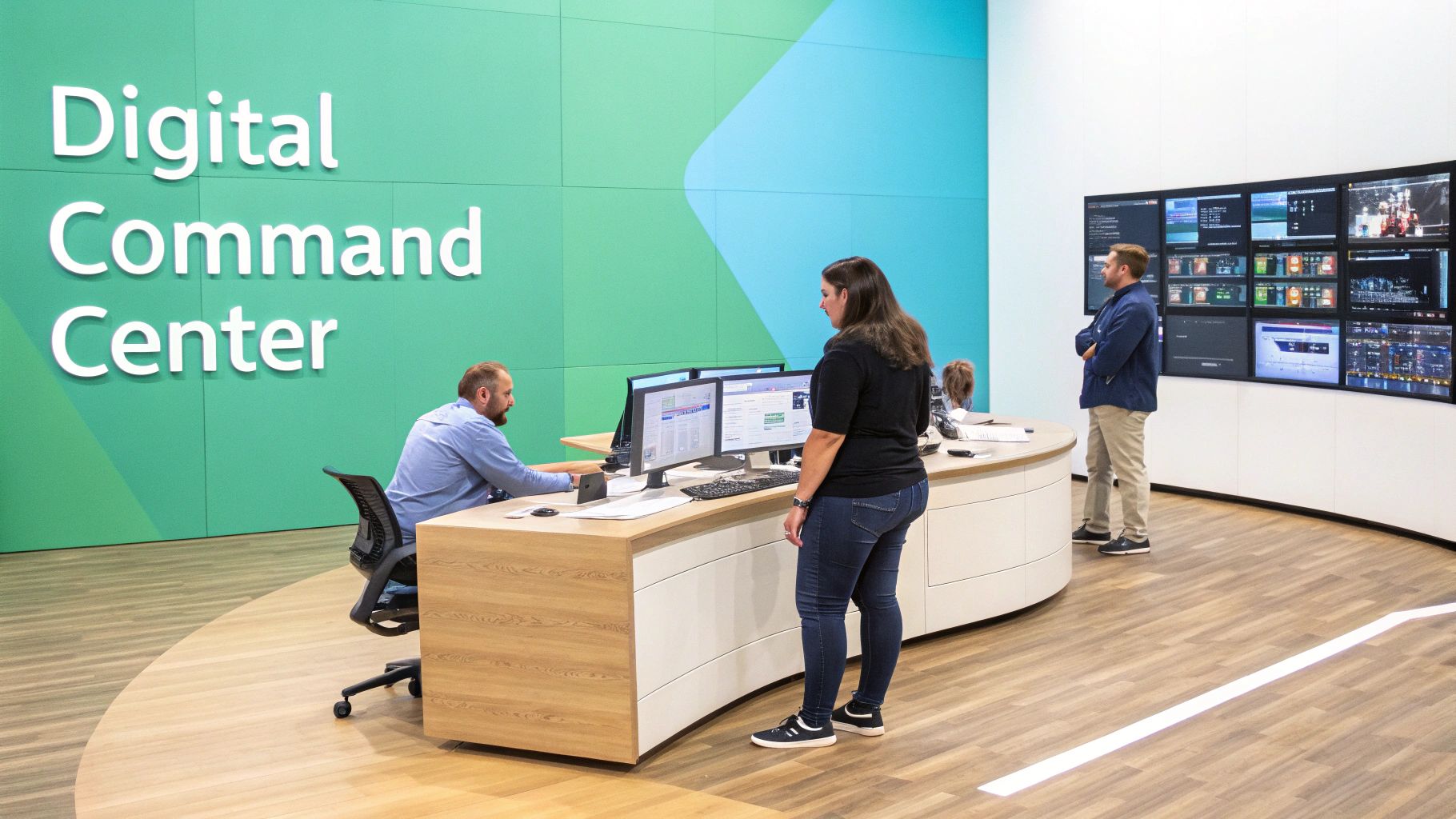 A professional team collaborating on a digital project, representing a CMS as a command center.