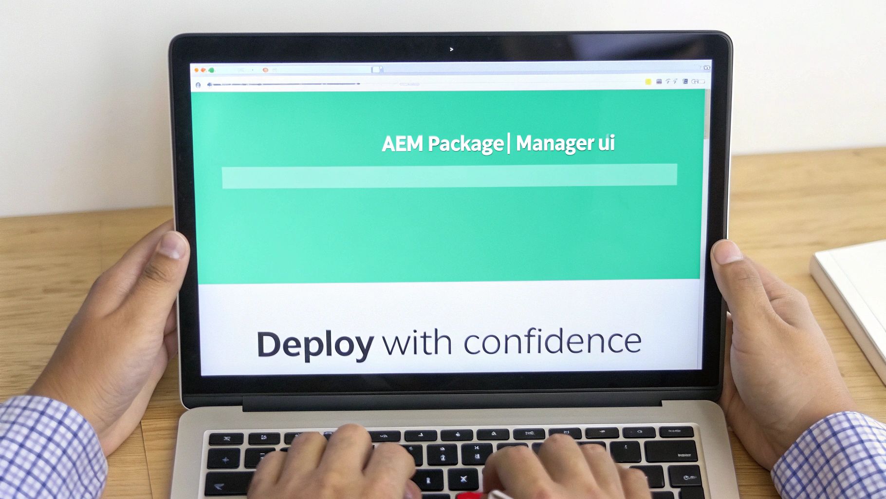 An AEM developer reviewing a deployment plan on a digital screen.