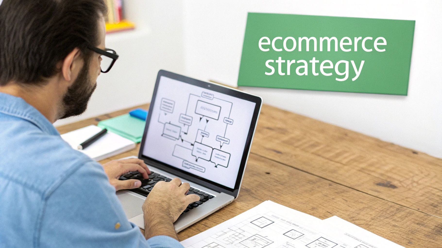 An abstract digital illustration showing interconnected data points and user interface elements, symbolizing a modern ecommerce strategy.