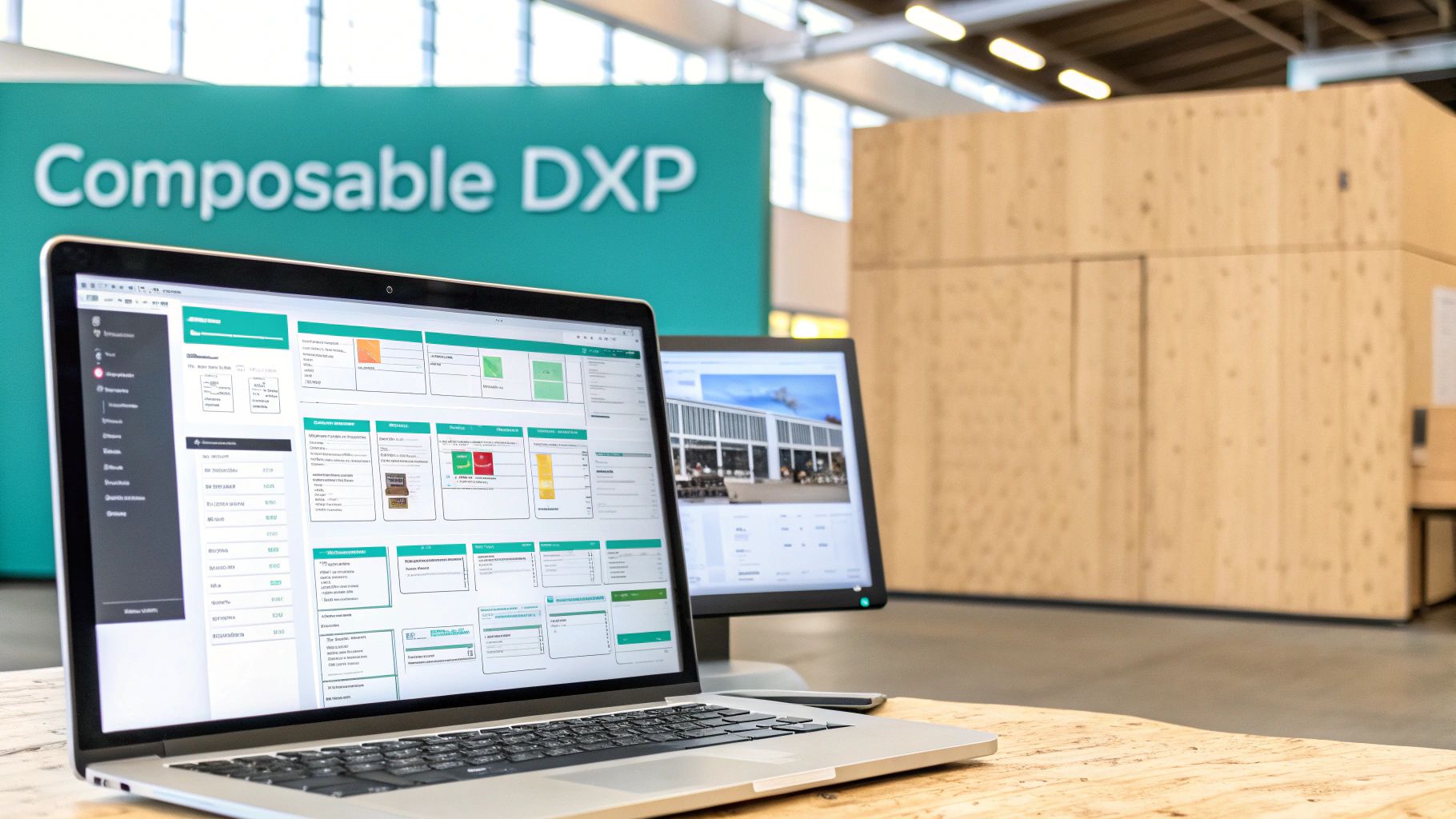 An abstract visualization of interconnected digital platforms, representing the architecture behind an omnichannel strategy with Sitecore and SharePoint.