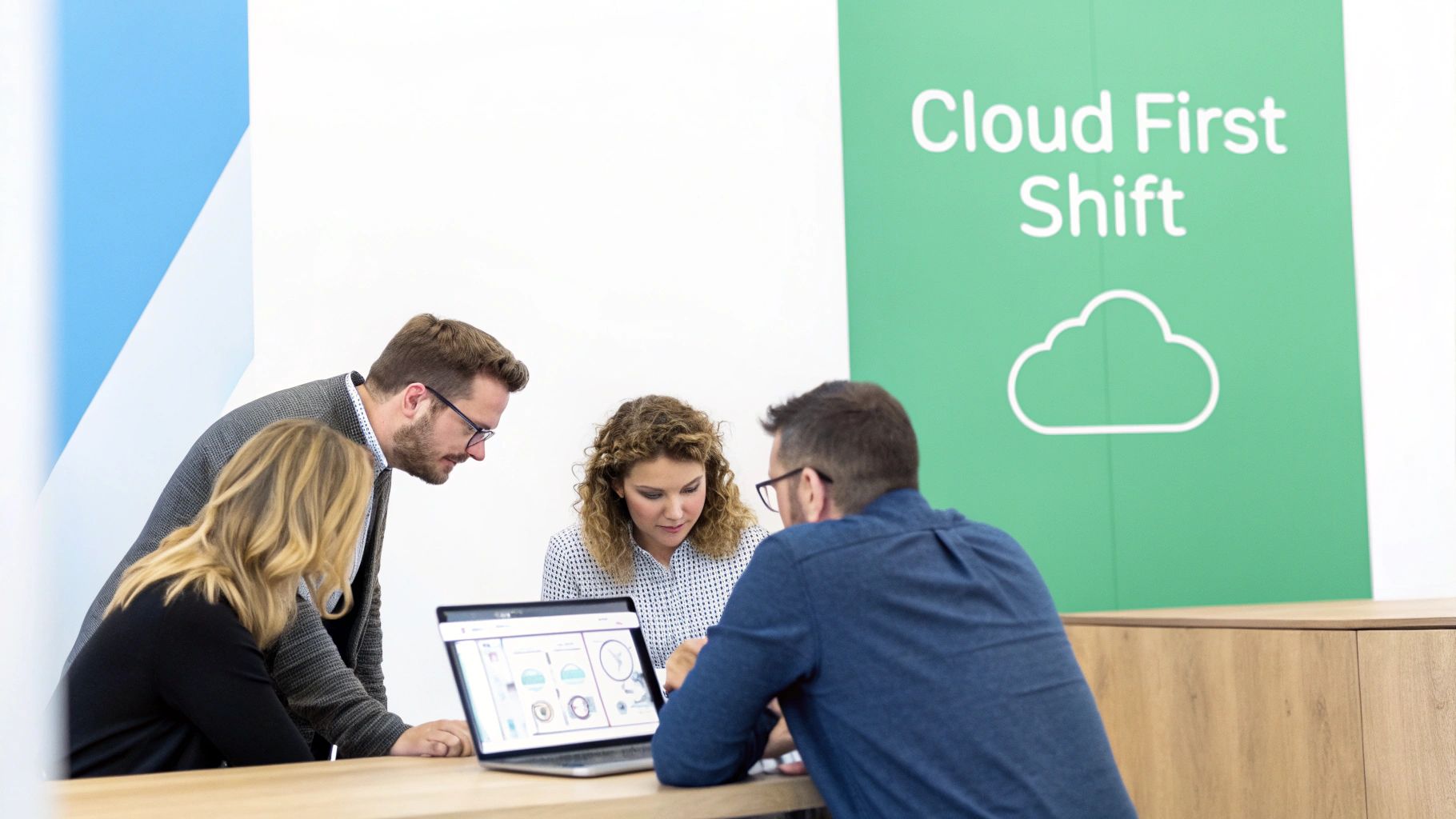 A person working at a desk with cloud icons and digital content symbols floating around them, symbolizing the flexibility of a cloud content management system.
