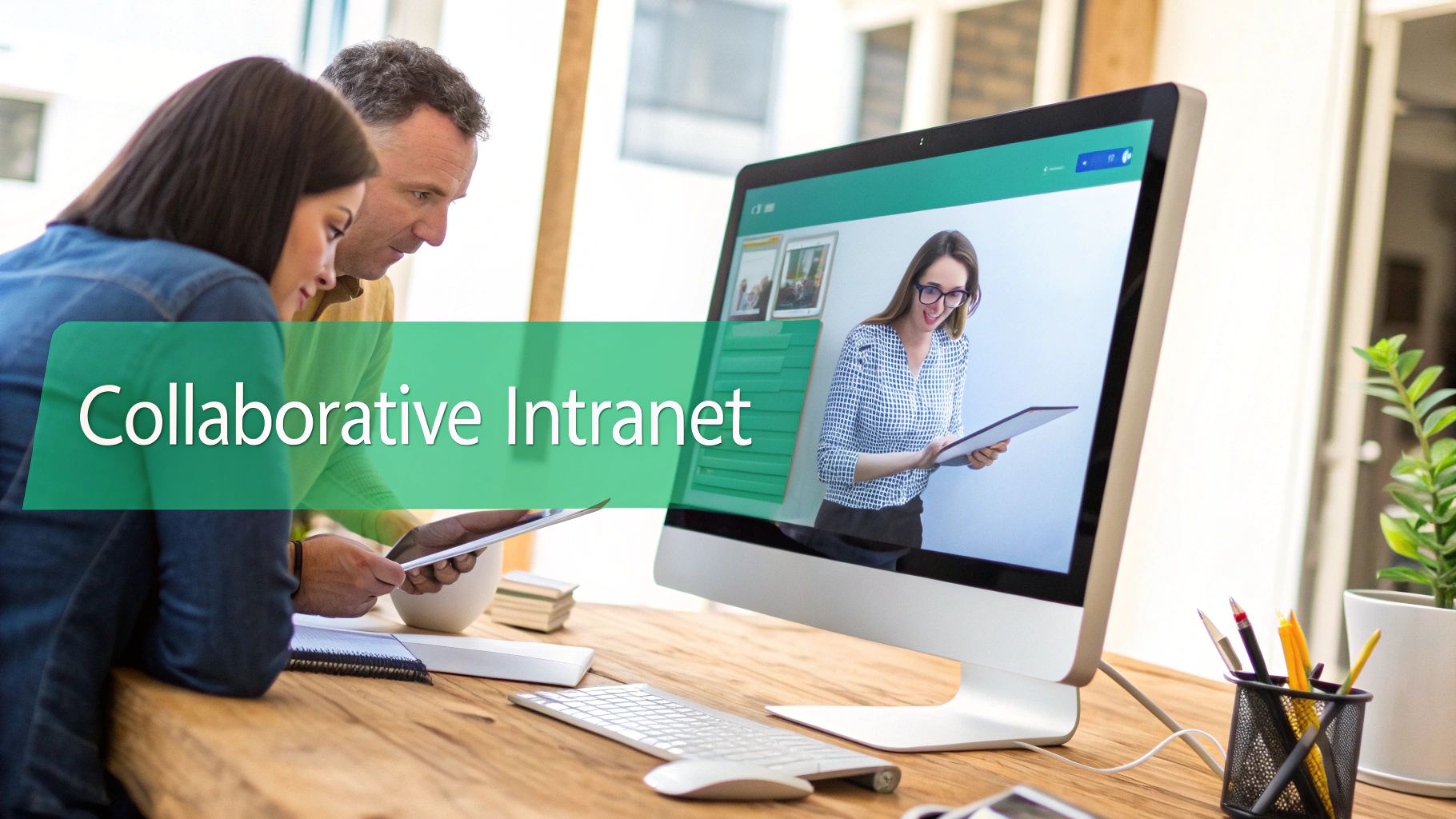 A team collaborating around a digital interface, representing the central role of SharePoint Online in enterprise collaboration and document management.