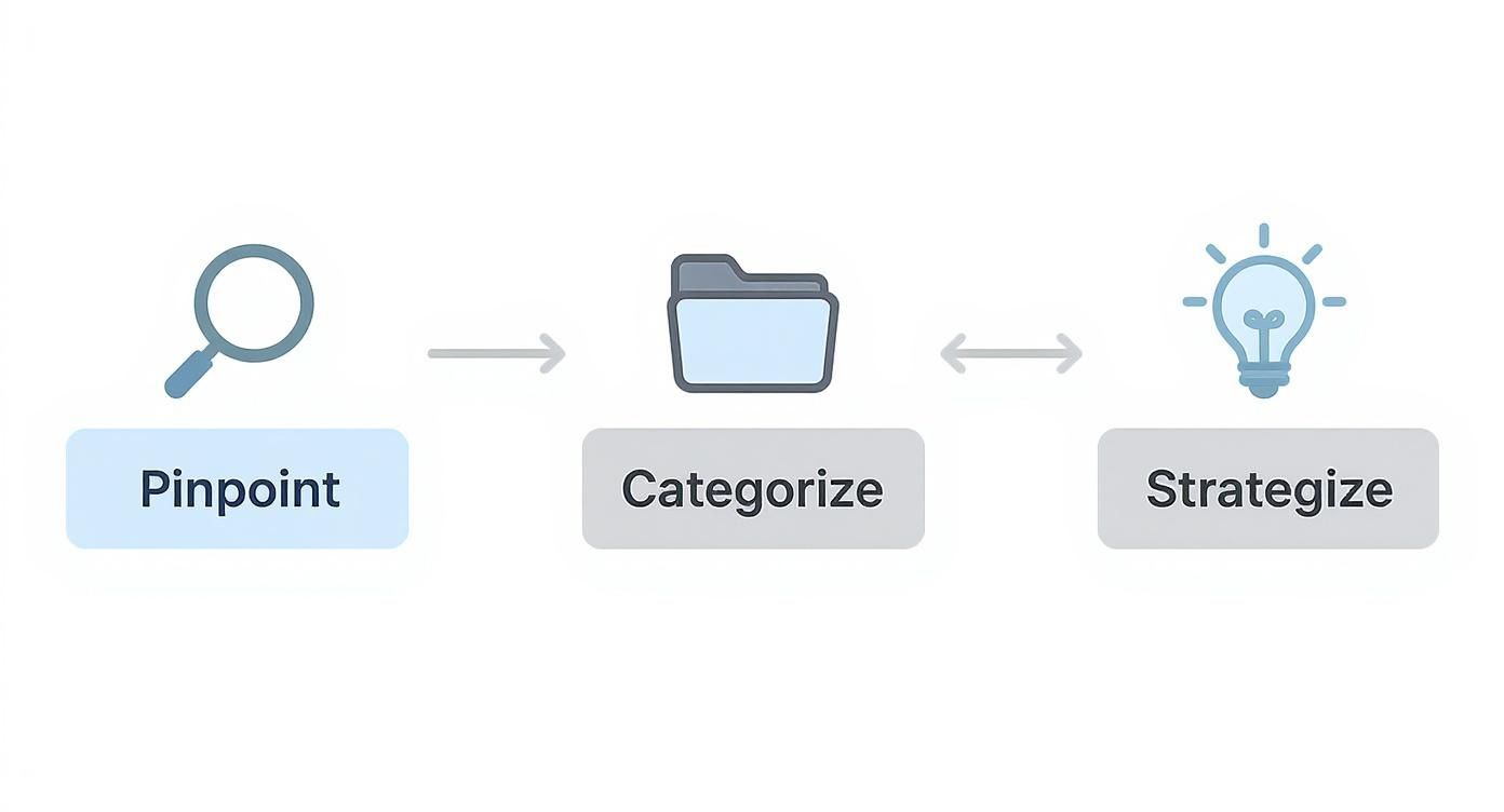 Three-step workflow diagram showing pinpoint, categorize, and strategize process with magnifying glass, folder, and lightbulb icons