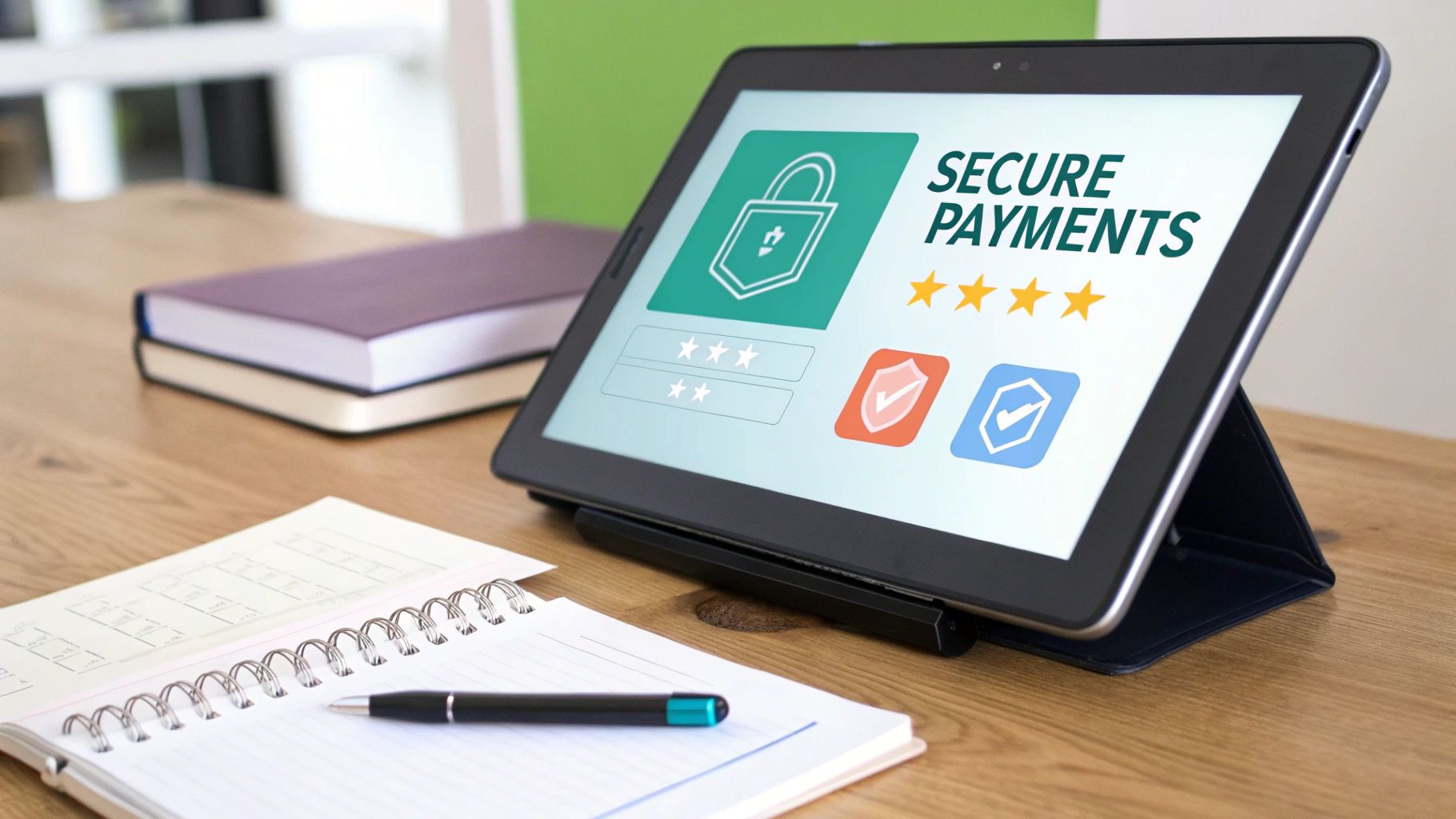 Tablet displaying secure payments interface with lock icon, star rating, and security shields on desk