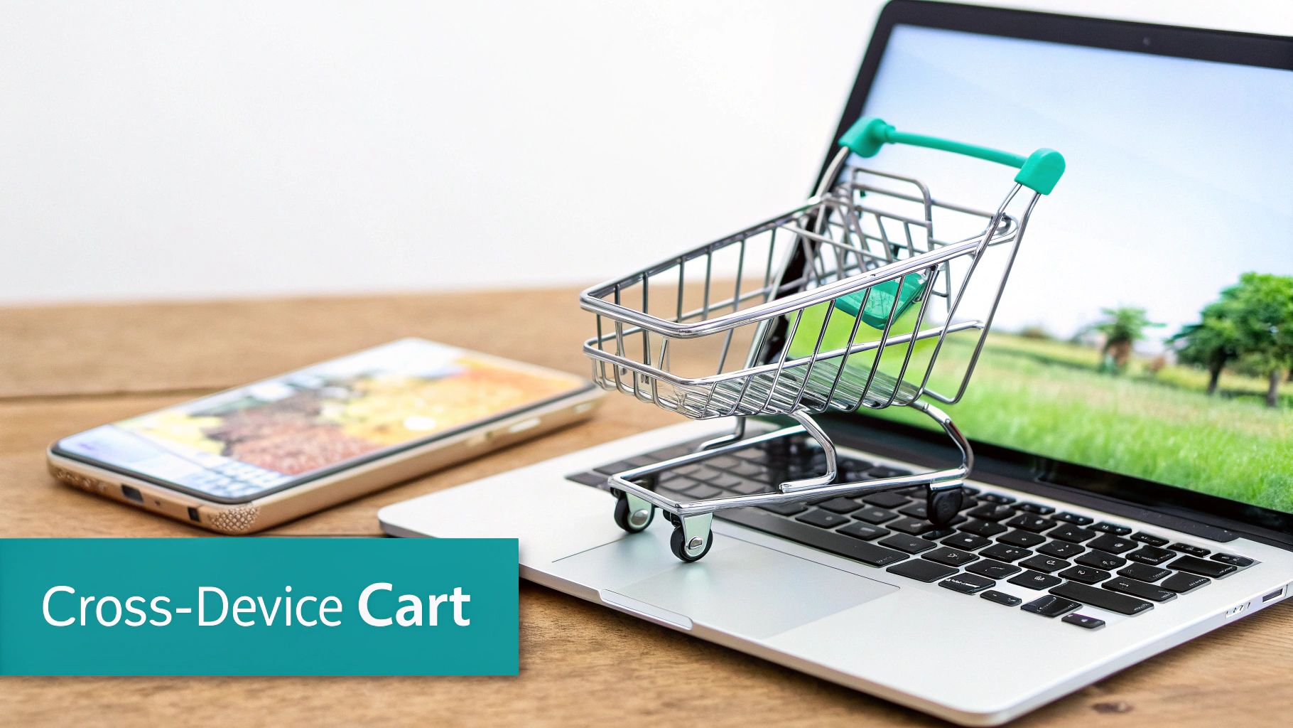 Miniature shopping cart on laptop keyboard representing cross-device online shopping experience