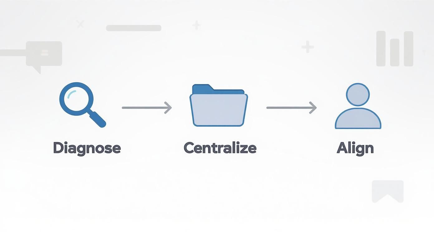 Three-step workflow process showing magnifying glass for diagnose, folder for centralize, and person icon for align