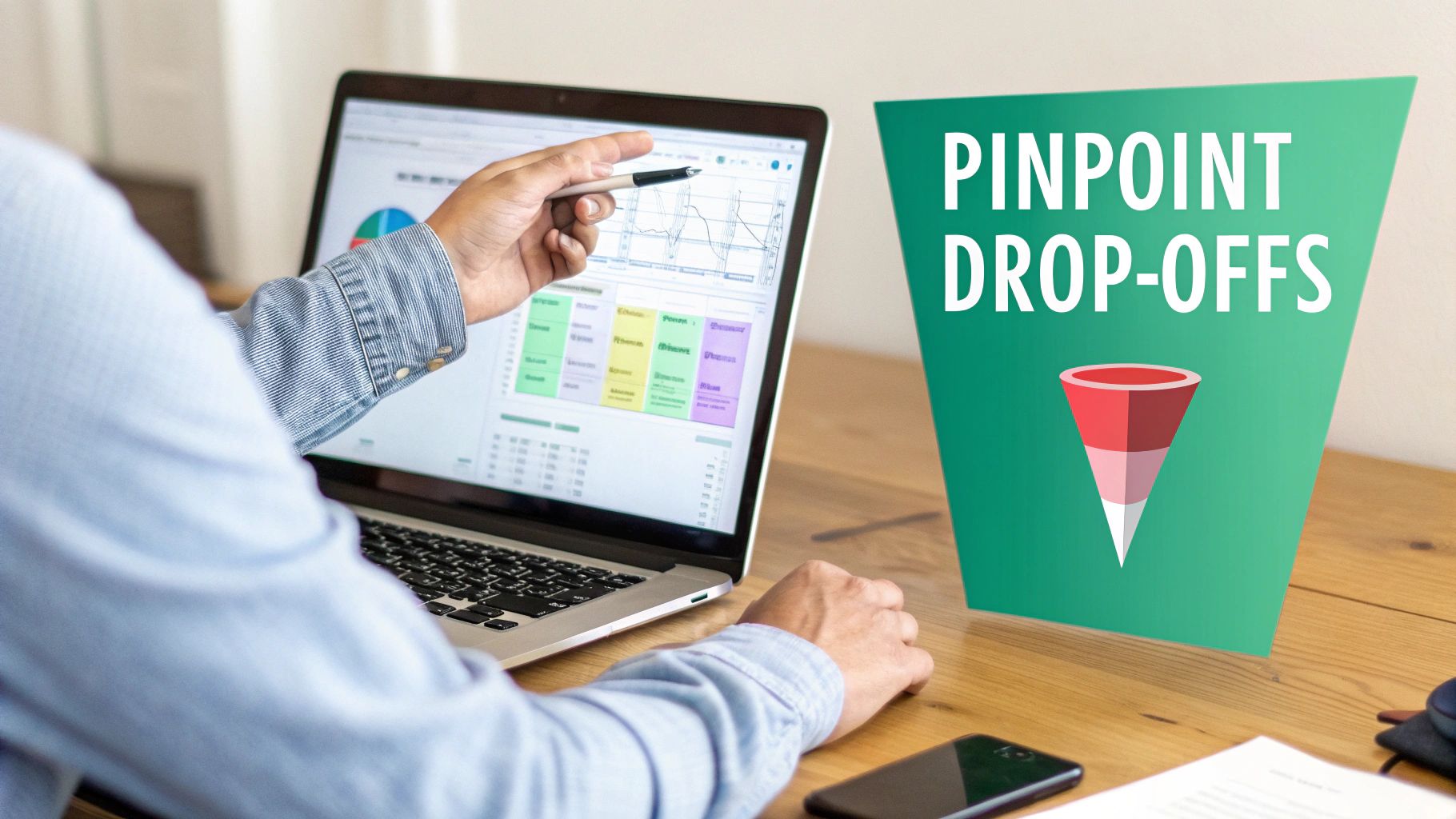 Business professional analyzing sales funnel data on laptop to pinpoint customer drop-offs and reduce cart abandonment