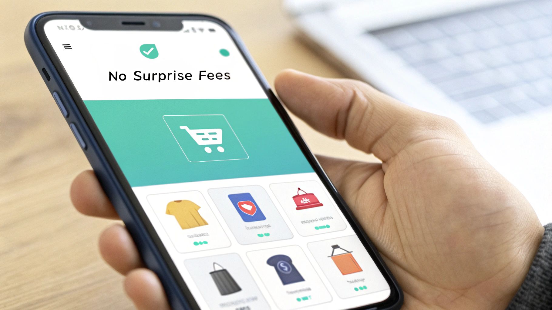 Person holding smartphone displaying online shopping app with no surprise fees message and product grid