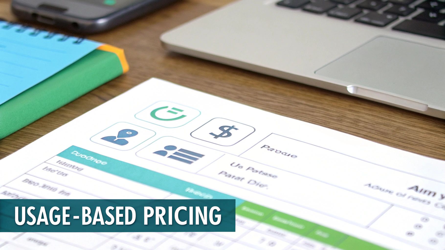 Usage-based pricing model diagram on desk with laptop, notes, and financial icons illustrating cost structure