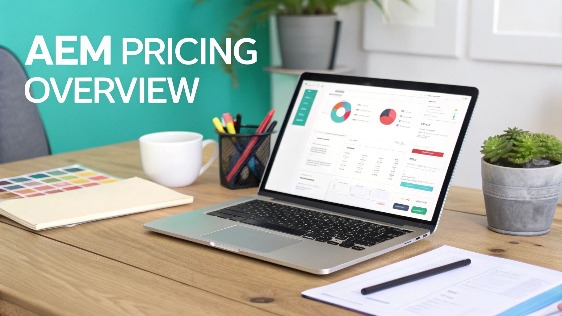 Laptop displaying colorful charts and analytics dashboard for AEM pricing overview on wooden desk