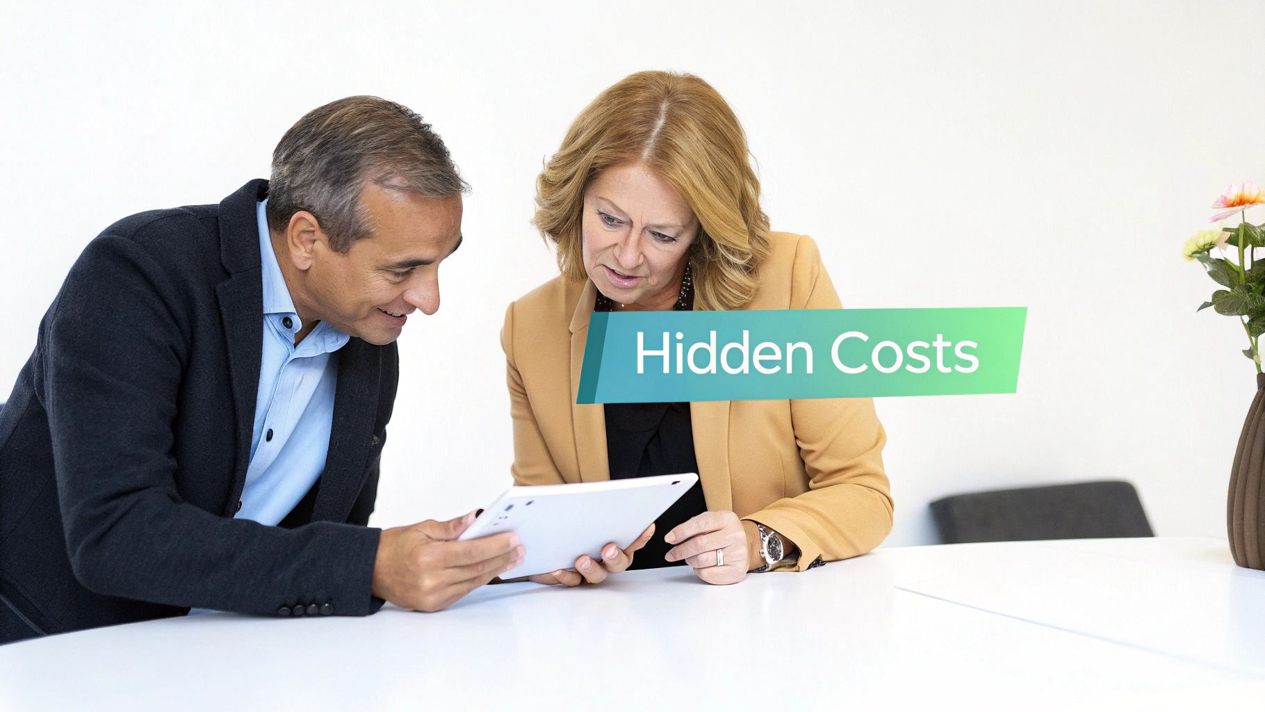 Business professionals reviewing hidden costs and pricing details on tablet during consultation meeting