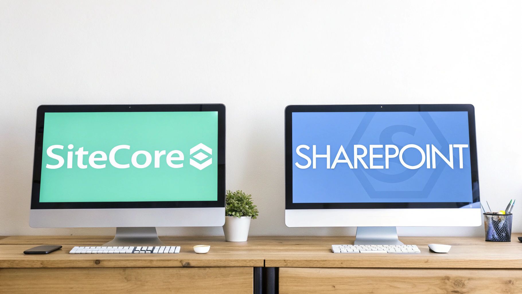 Two desktop monitors displaying SiteCore and SharePoint logos for content management systems comparison