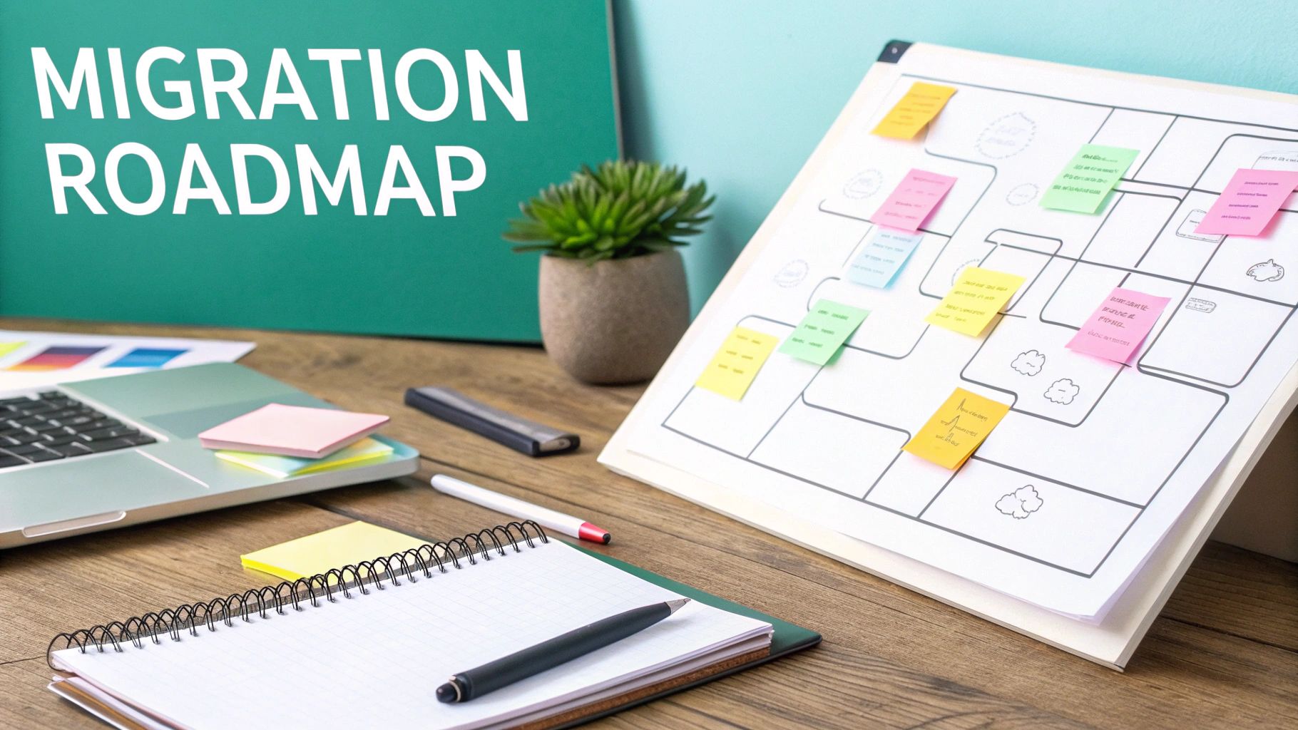 Migration roadmap planning session with flowchart diagram, colorful sticky notes, and office workspace setup