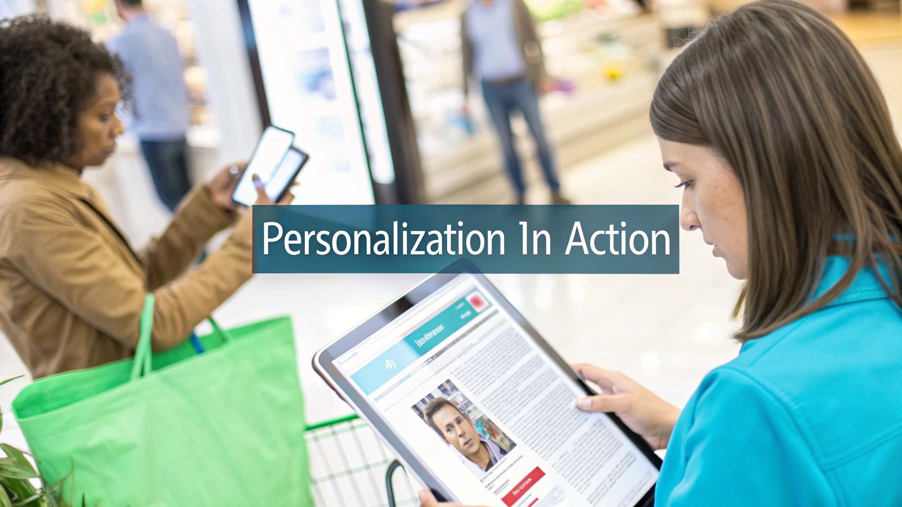 Two shoppers using tablets for personalized digital shopping experience in retail store
