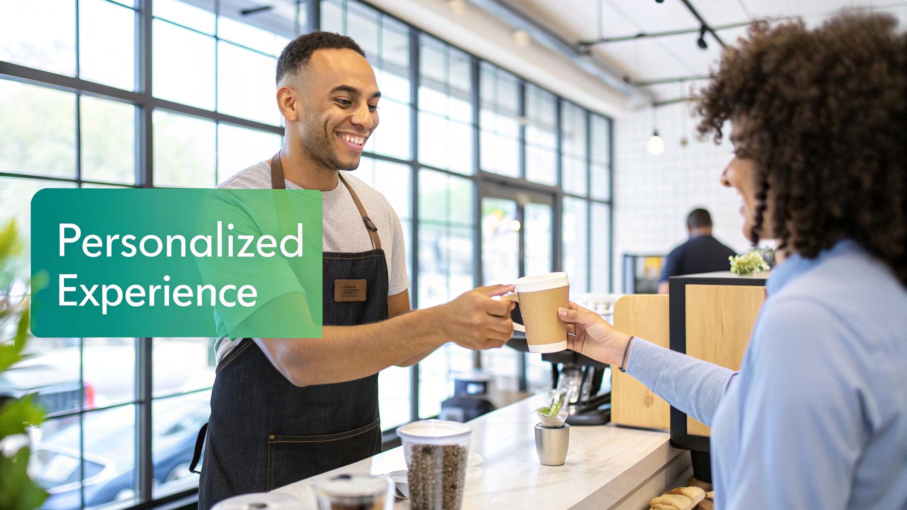Smiling barista handing coffee cup to customer in modern cafe, personalized customer service experience