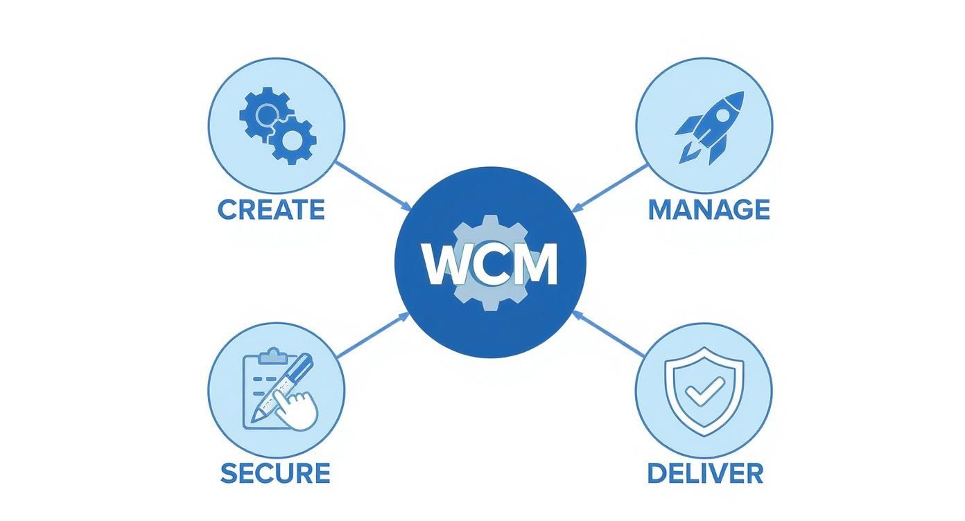 A diagram illustrating the Web Content Management (WCM) process, covering creation, management, security, and delivery.