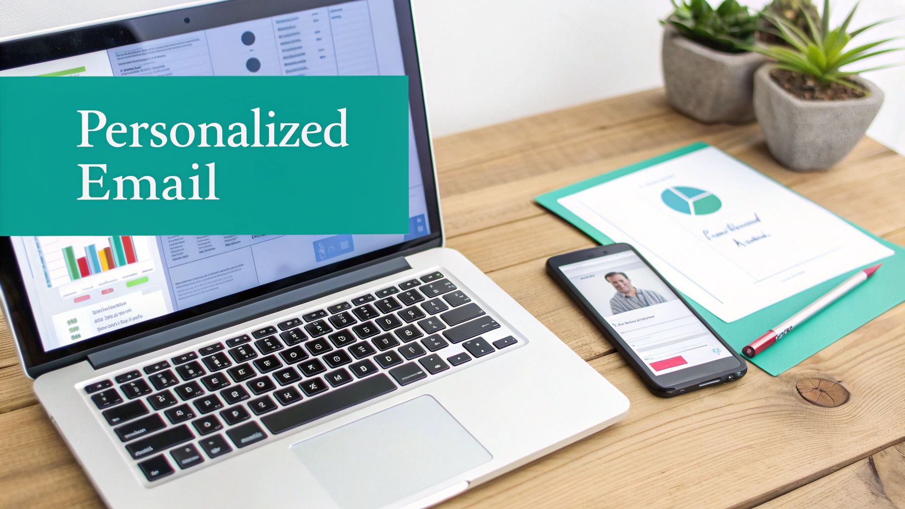 A desk with a laptop displaying 'Personalized Email,' a smartphone, and documents, representing digital marketing.