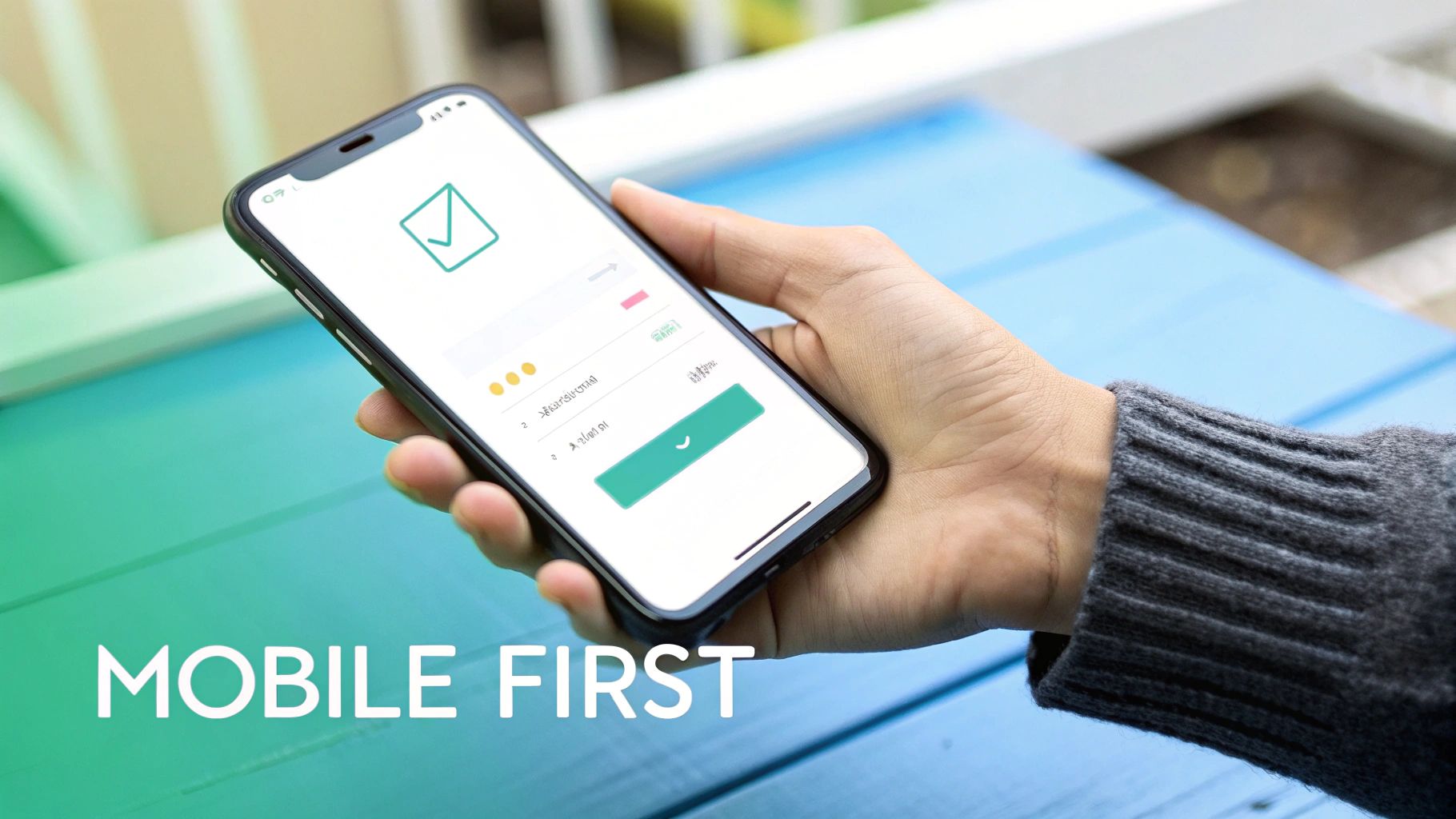 A hand holds a smartphone displaying a mobile app with a checkmark and green button, embodying a 'mobile first' approach.