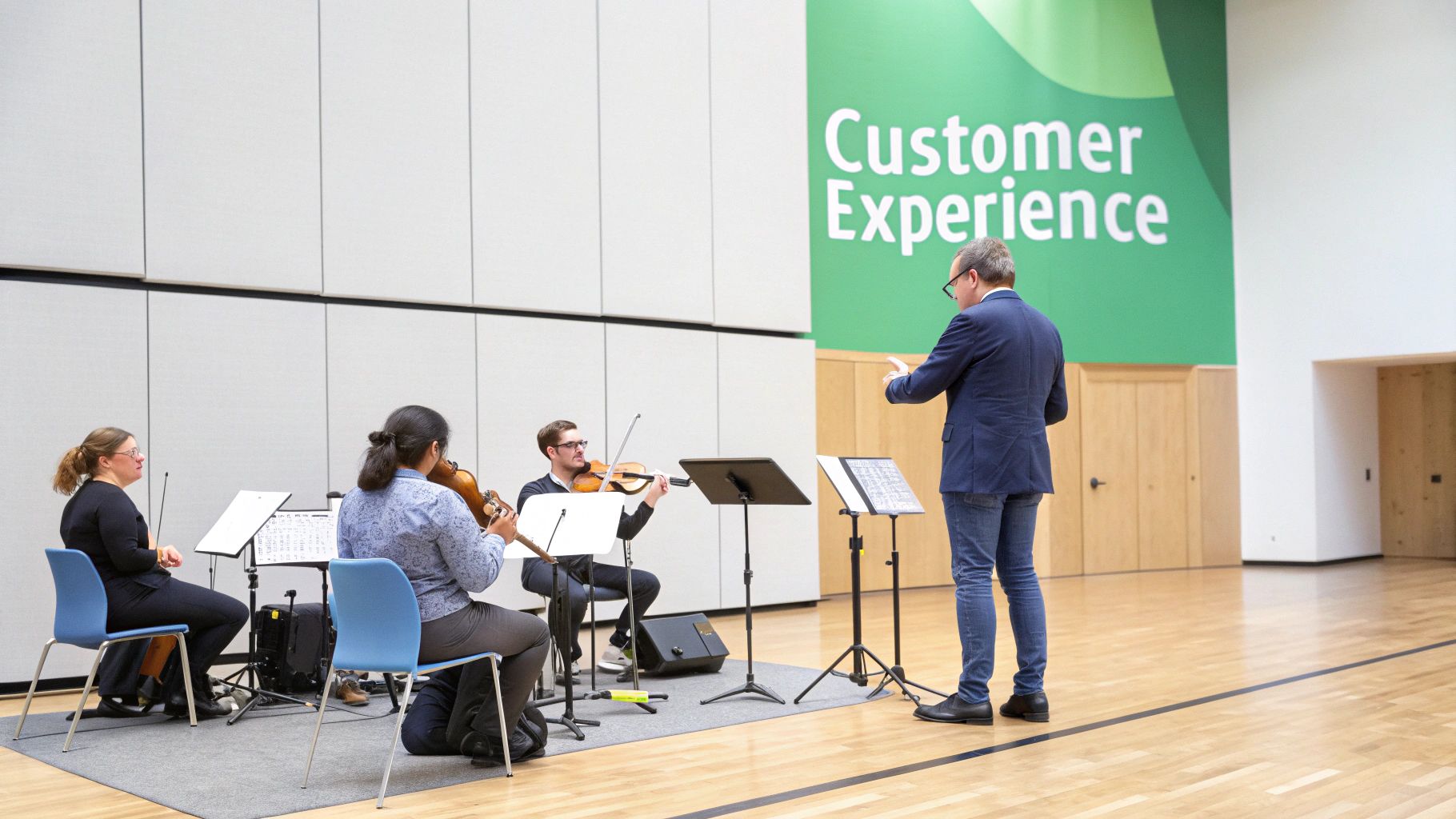 A conductor leads a string trio rehearsal in a modern room with a 'Customer Experience' wall.