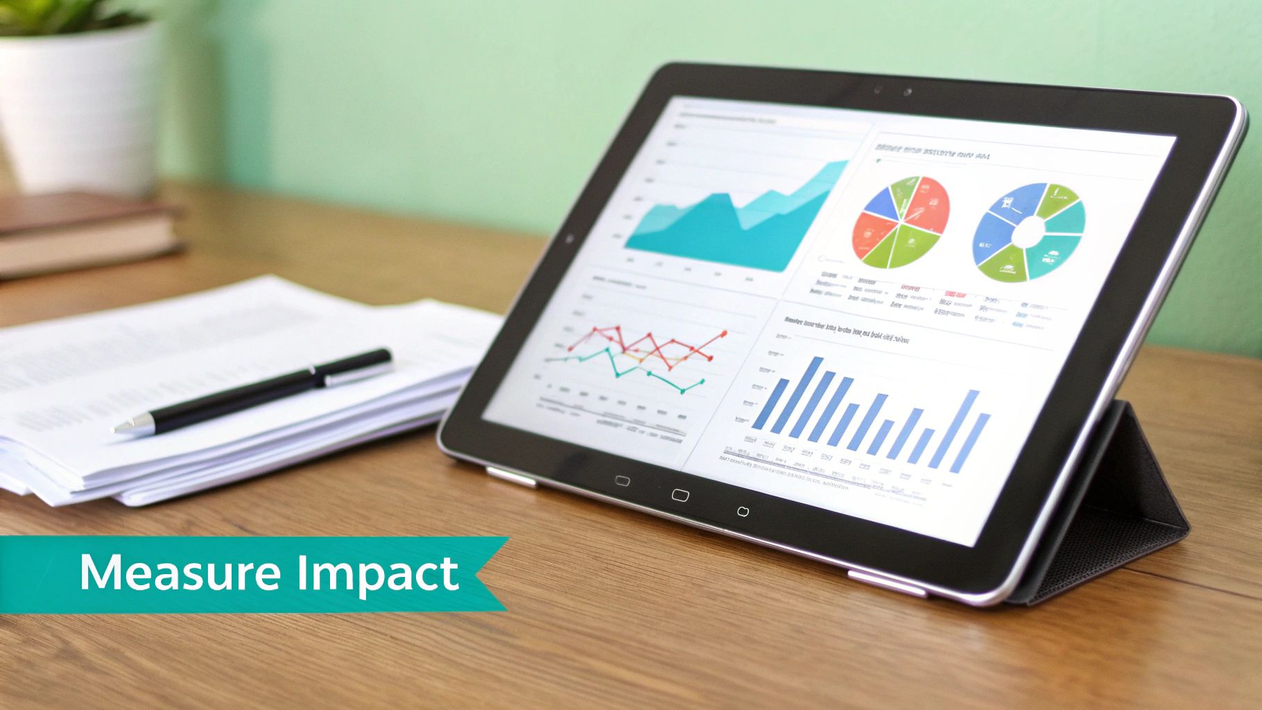 A tablet displaying various business data visualization charts on a wooden table next to documents and a pen.