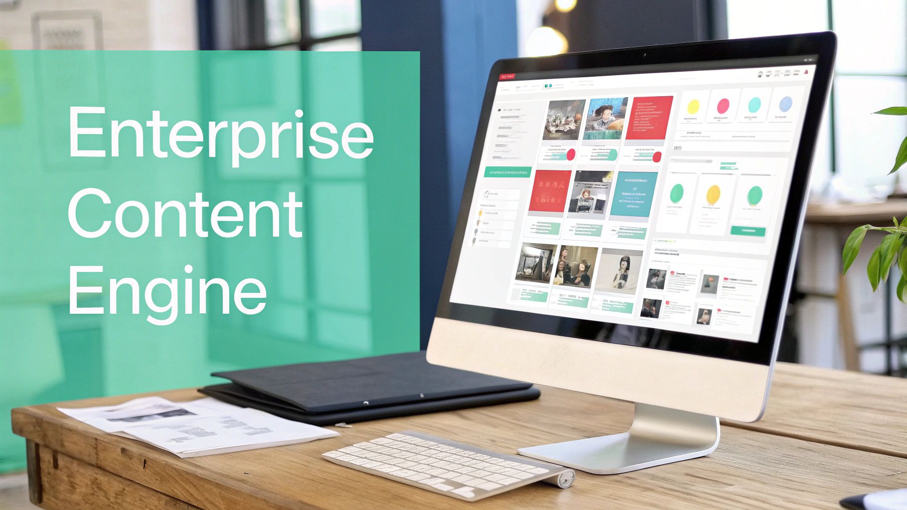 A desktop computer displaying a content management dashboard, keyboard, and papers on a wooden desk with 'Enterprise Content Engine' text.