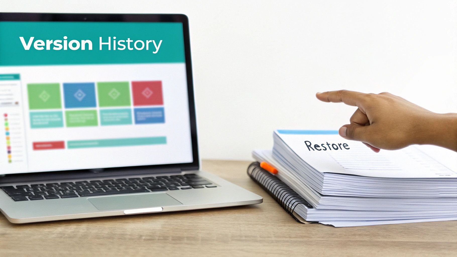 A hand points to a stack of documents labeled 'Restore' next to a laptop displaying 'Version History'.