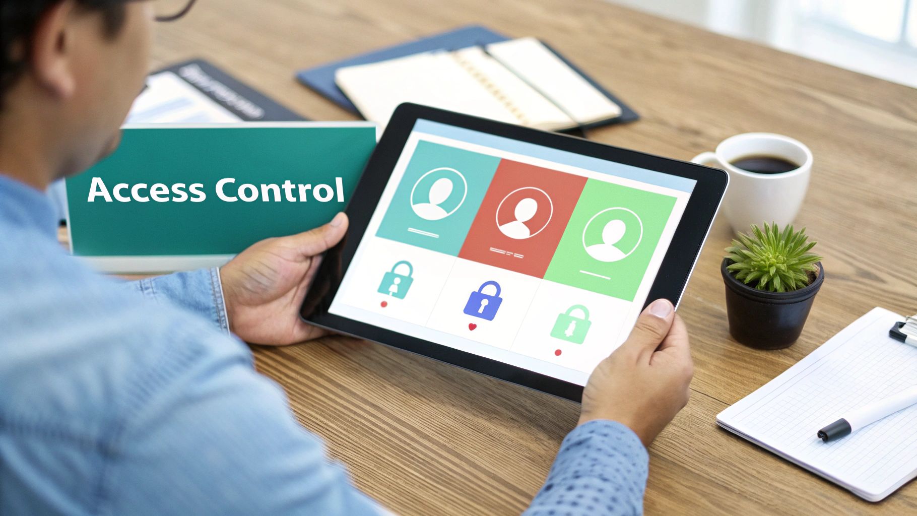 A person holds a tablet displaying user profiles and lock icons, with "Access Control" on a screen.