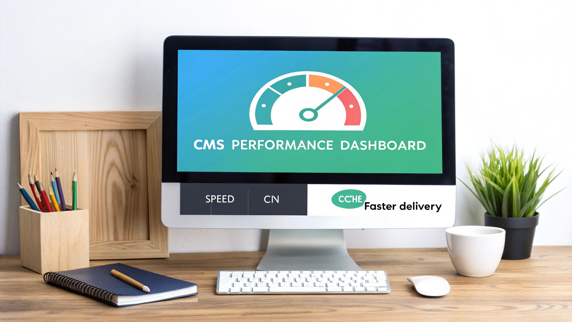 A computer monitor on a wooden desk displays a 'CMS Performance Dashboard' with a speed gauge and 'Faster delivery' text, surrounded by office supplies.