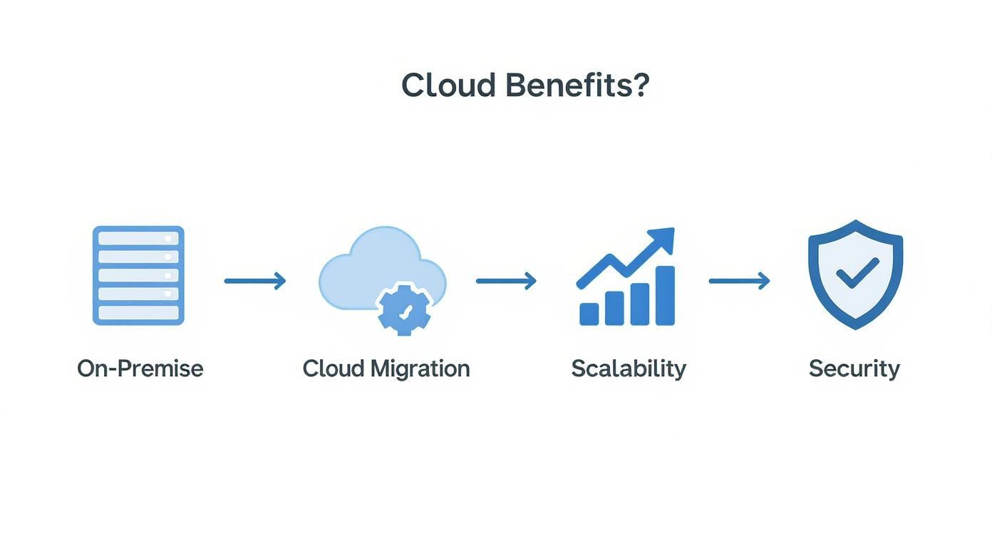 Diagram illustrating cloud benefits, showing a progression from on-premise to cloud migration, leading to scalability and security.
