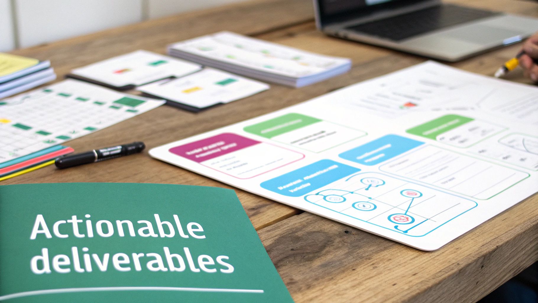 Desk with project planning documents, a laptop, and a booklet titled 'Actionable deliverables'.