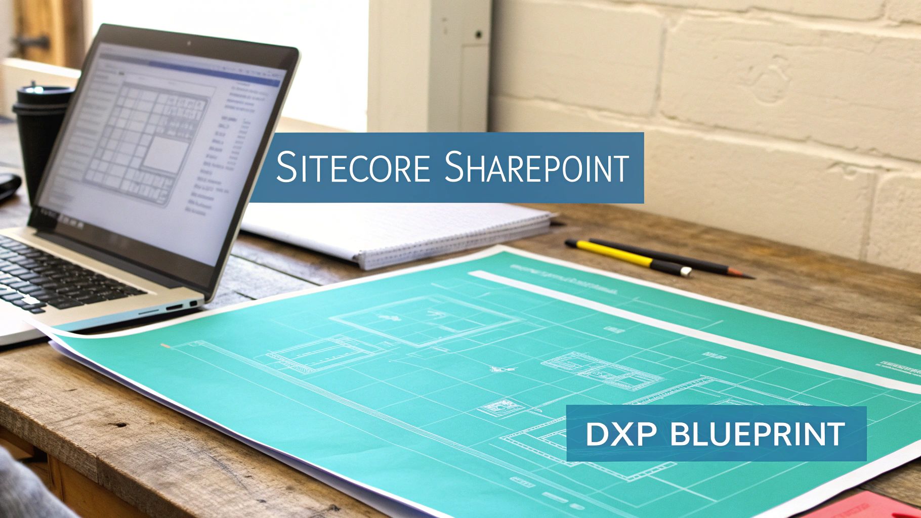 A modern workspace with a laptop, teal architectural blueprint, and text overlays 'SITECORE SHAREPOINT' and 'DXP BLUEPRINT'.