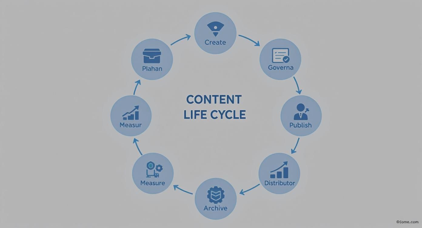 A circular diagram illustrates the content life cycle with stages like Plan, Create, Govern, Publish, Distribute, Archive, and Measure.