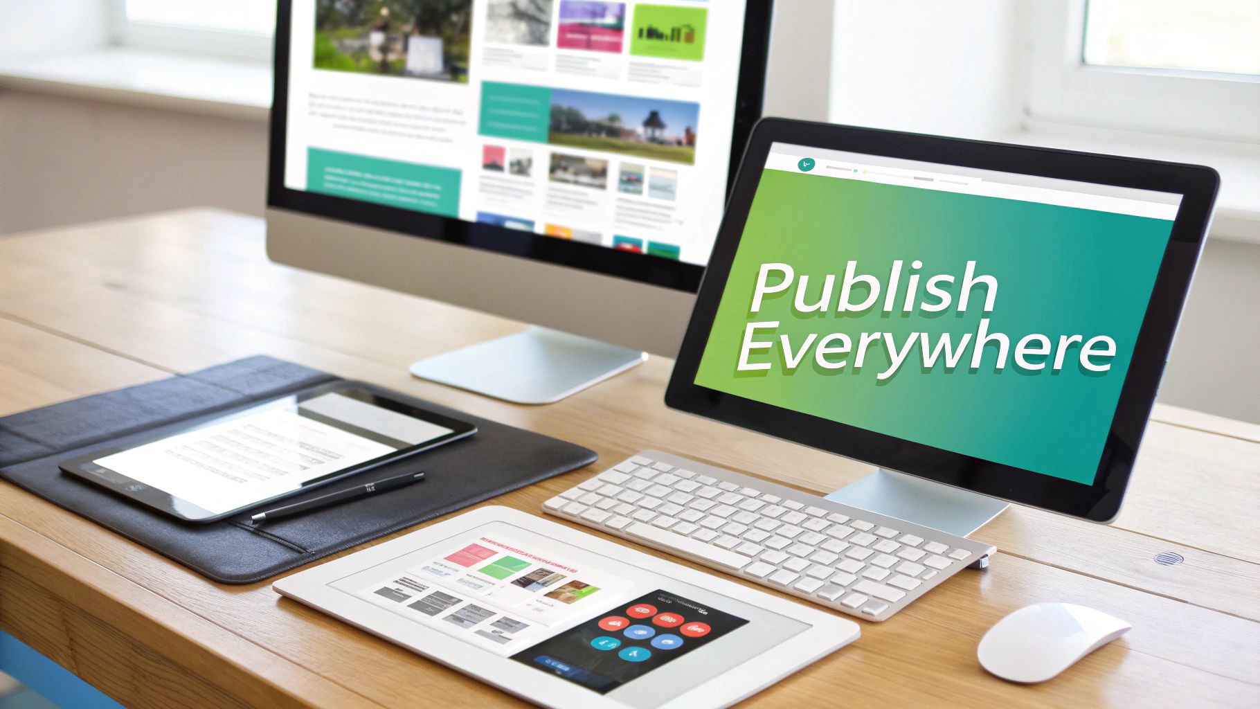 A modern workspace setup with multiple digital devices displaying content and publishing interfaces.