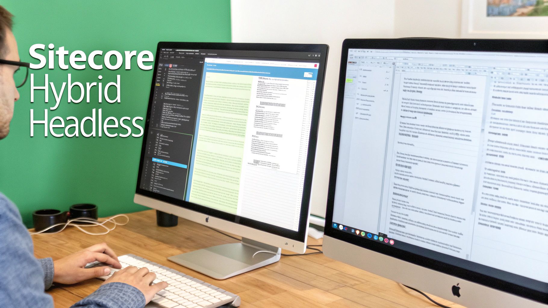 Man working at a desk with two screens displaying content and code for Sitecore Hybrid Headless.