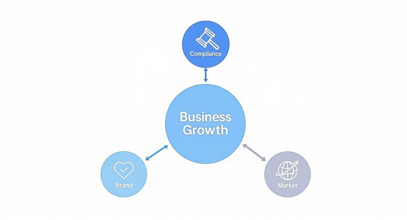 A diagram shows business growth at the center, influenced by compliance, brand, and market.