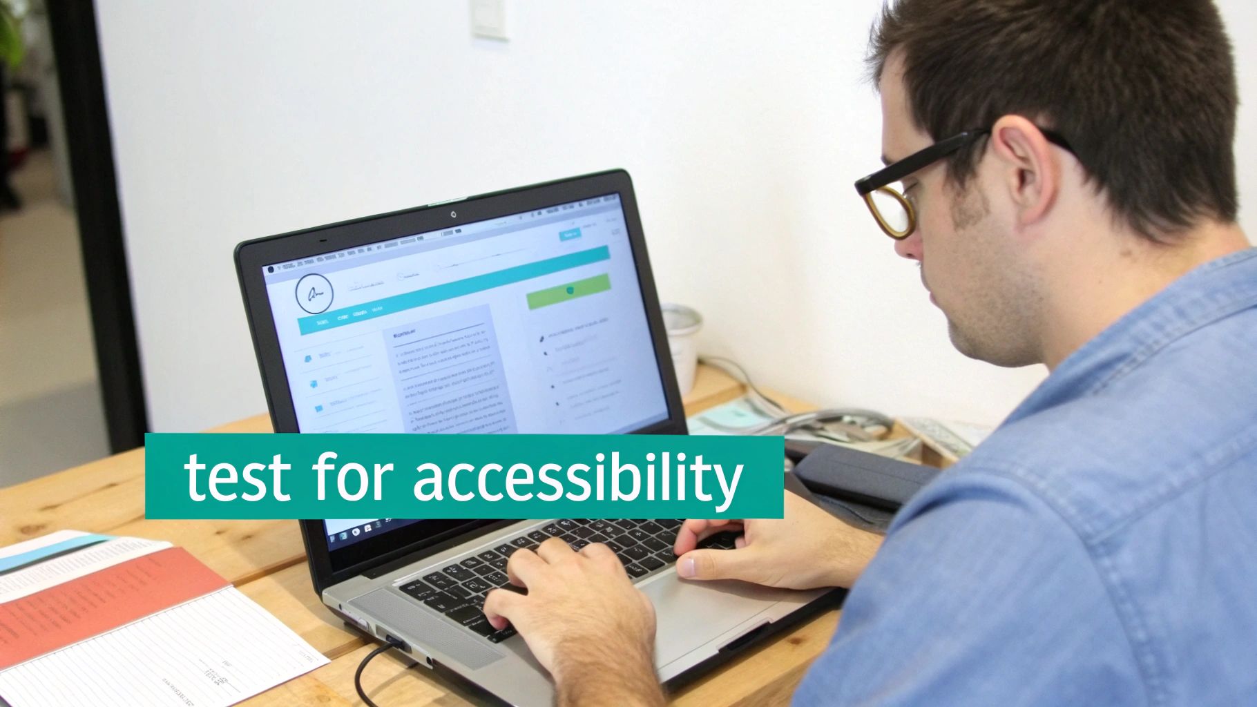 A man wearing glasses types on a laptop, performing a test for web accessibility or design. The screen shows a user interface.