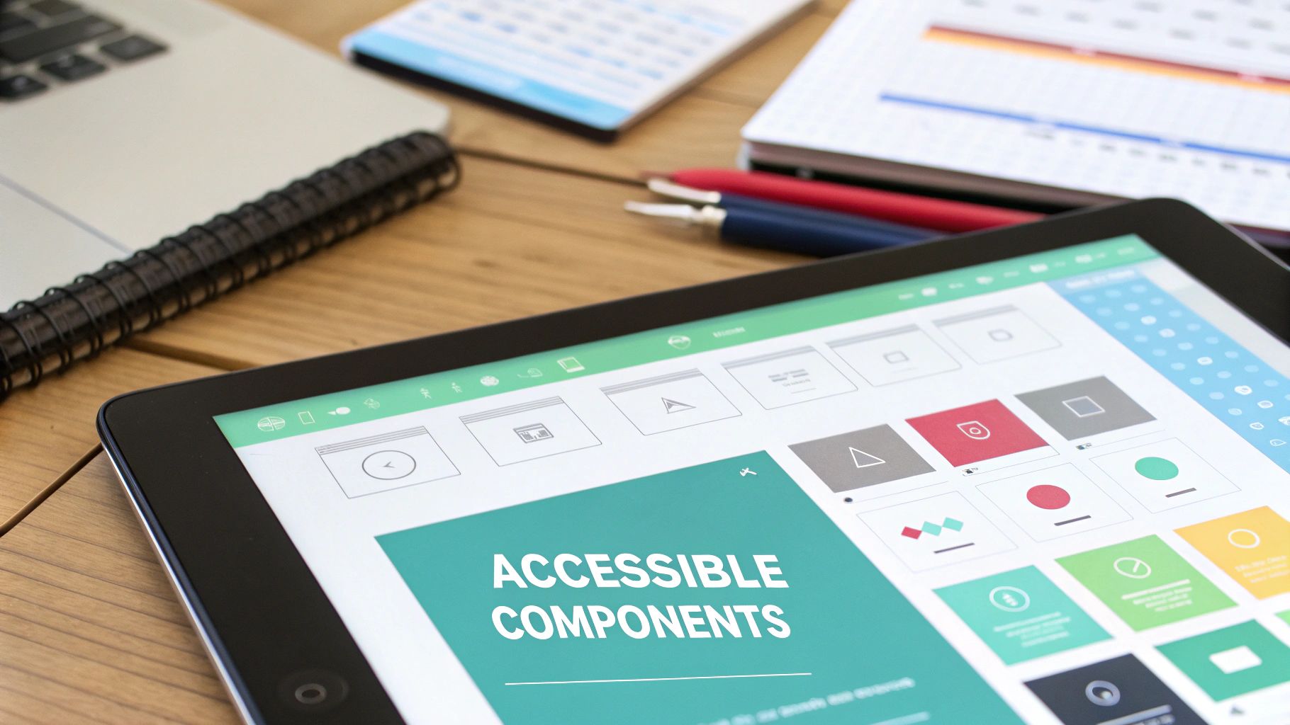A tablet displays 'ACCESSIBLE COMPONENTS' on a UI design screen, surrounded by a laptop and office supplies.