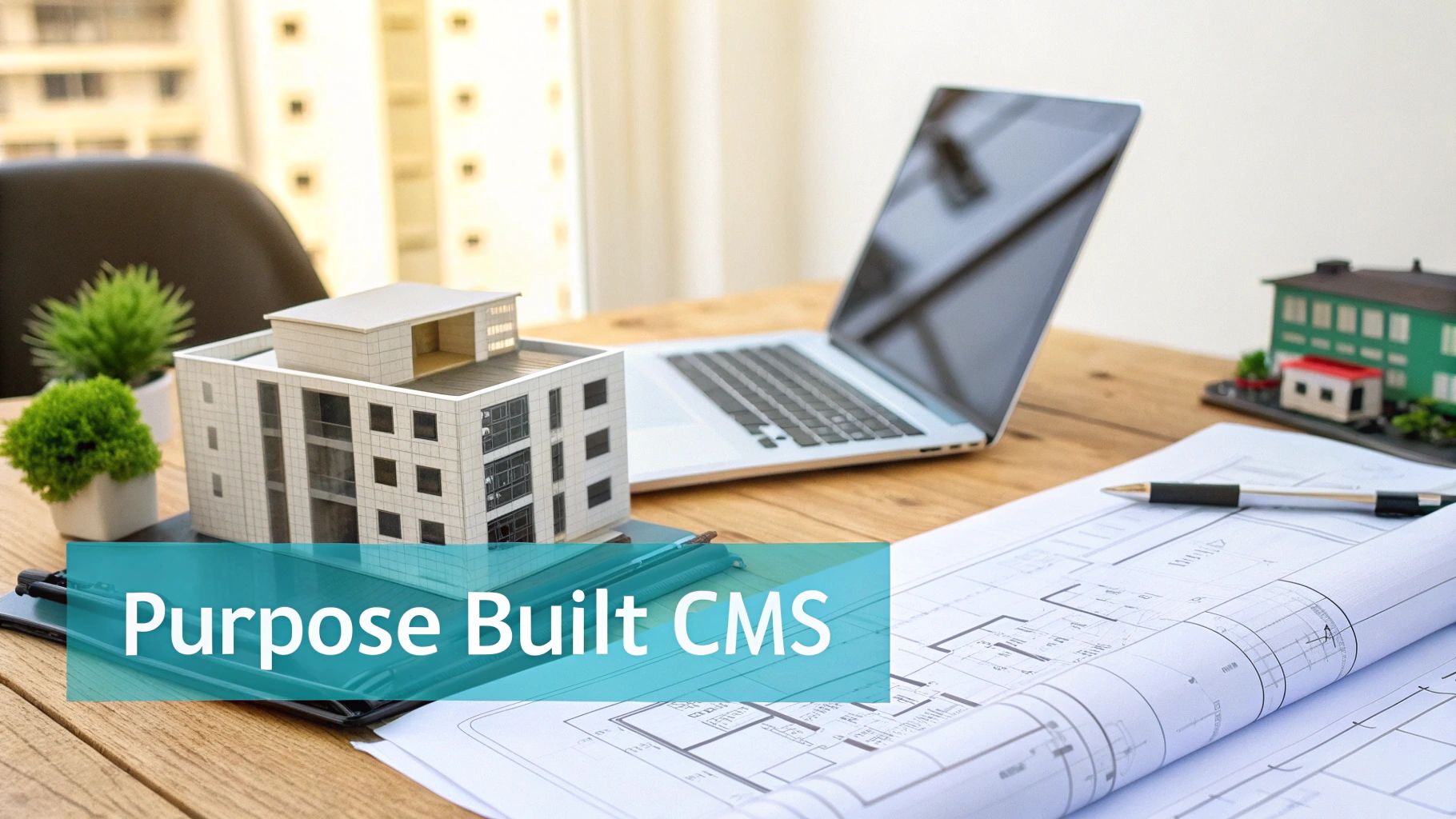 Desk with building models, blueprints, a laptop, and plants, representing architectural planning.