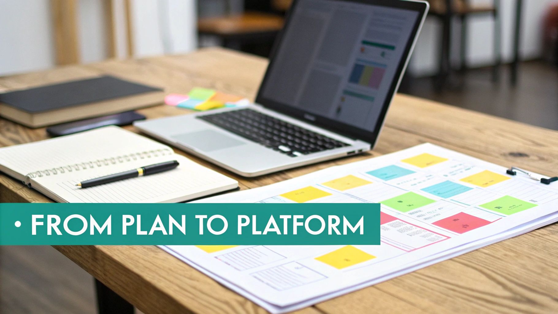 A busy desk with a laptop, notebook, and a document filled with colorful plans, text reads 'FROM PLAN TO PLATFORM'.