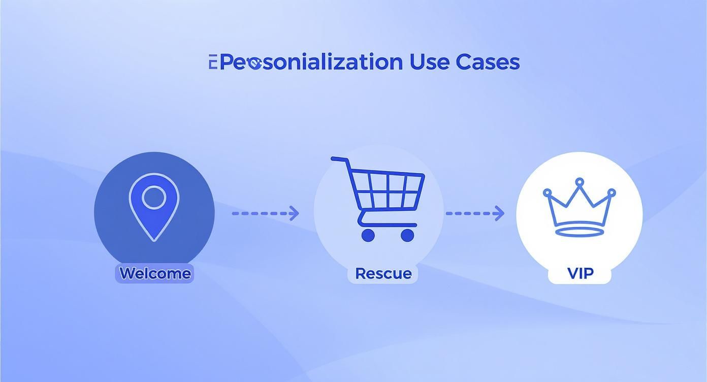 Diagram of personalization use cases showing Welcome, Rescue, and VIP stages with icons.