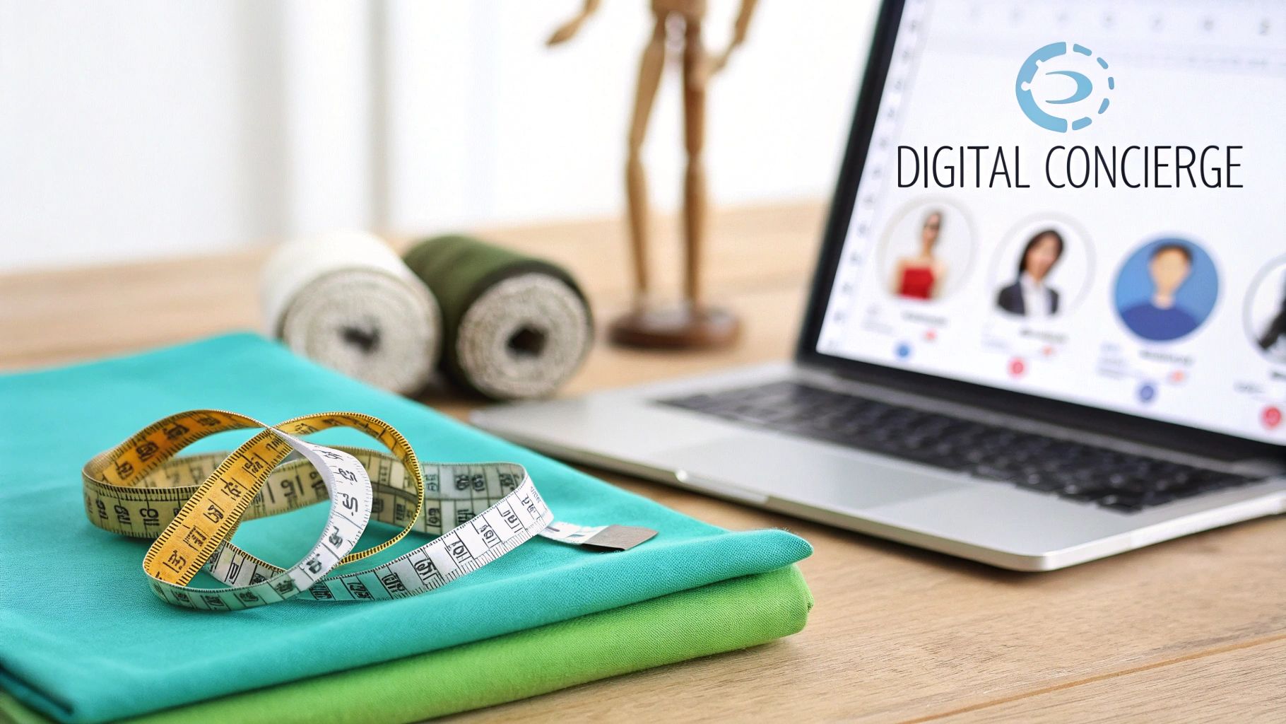 Tailoring supplies, including measuring tapes and fabric, on a desk next to a laptop displaying "Digital Concierge" and user profiles.