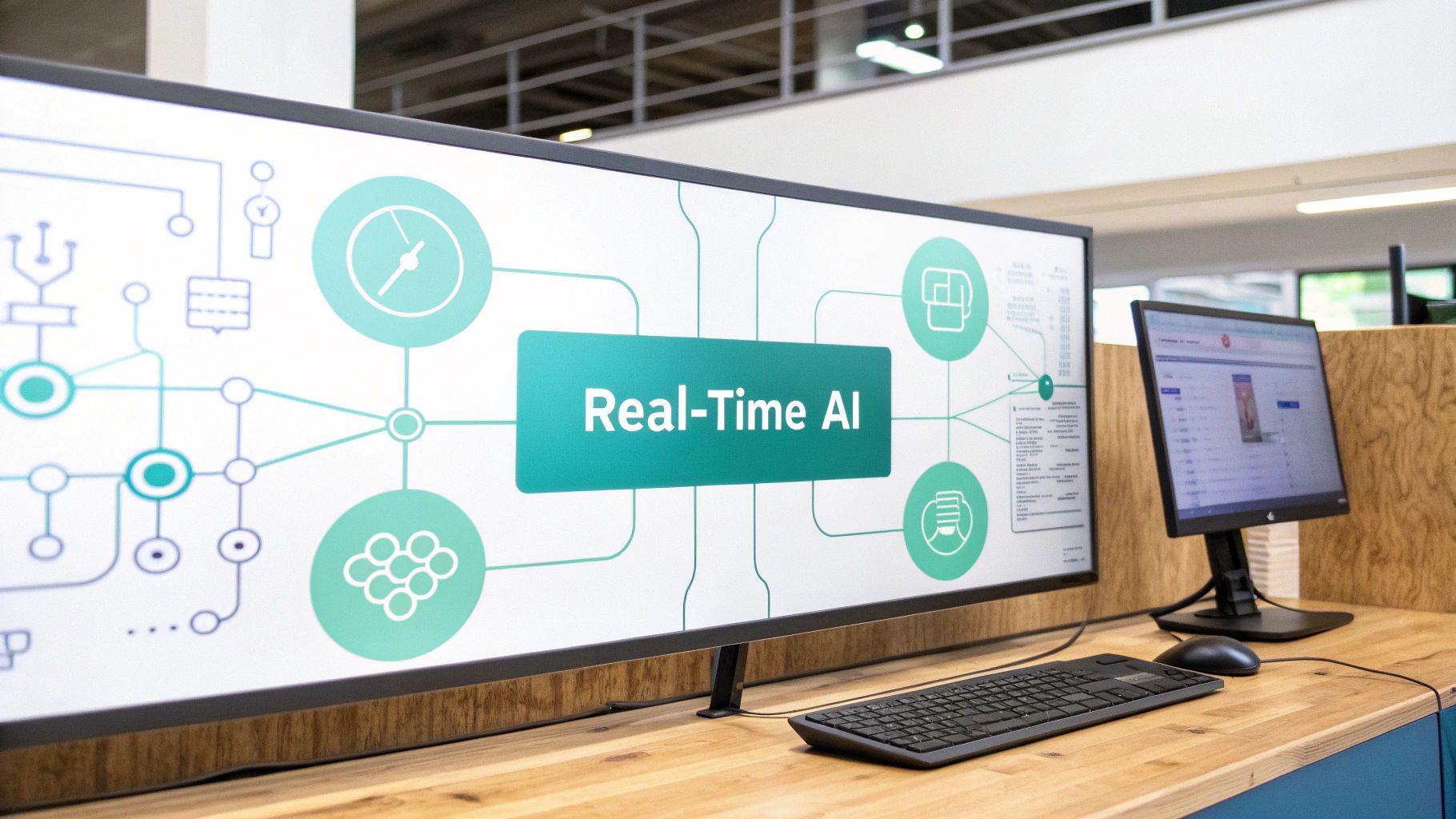 A large monitor displays a 'Real-Time AI' graphic with connected icons, alongside another monitor, keyboard, and mouse on a wooden desk.