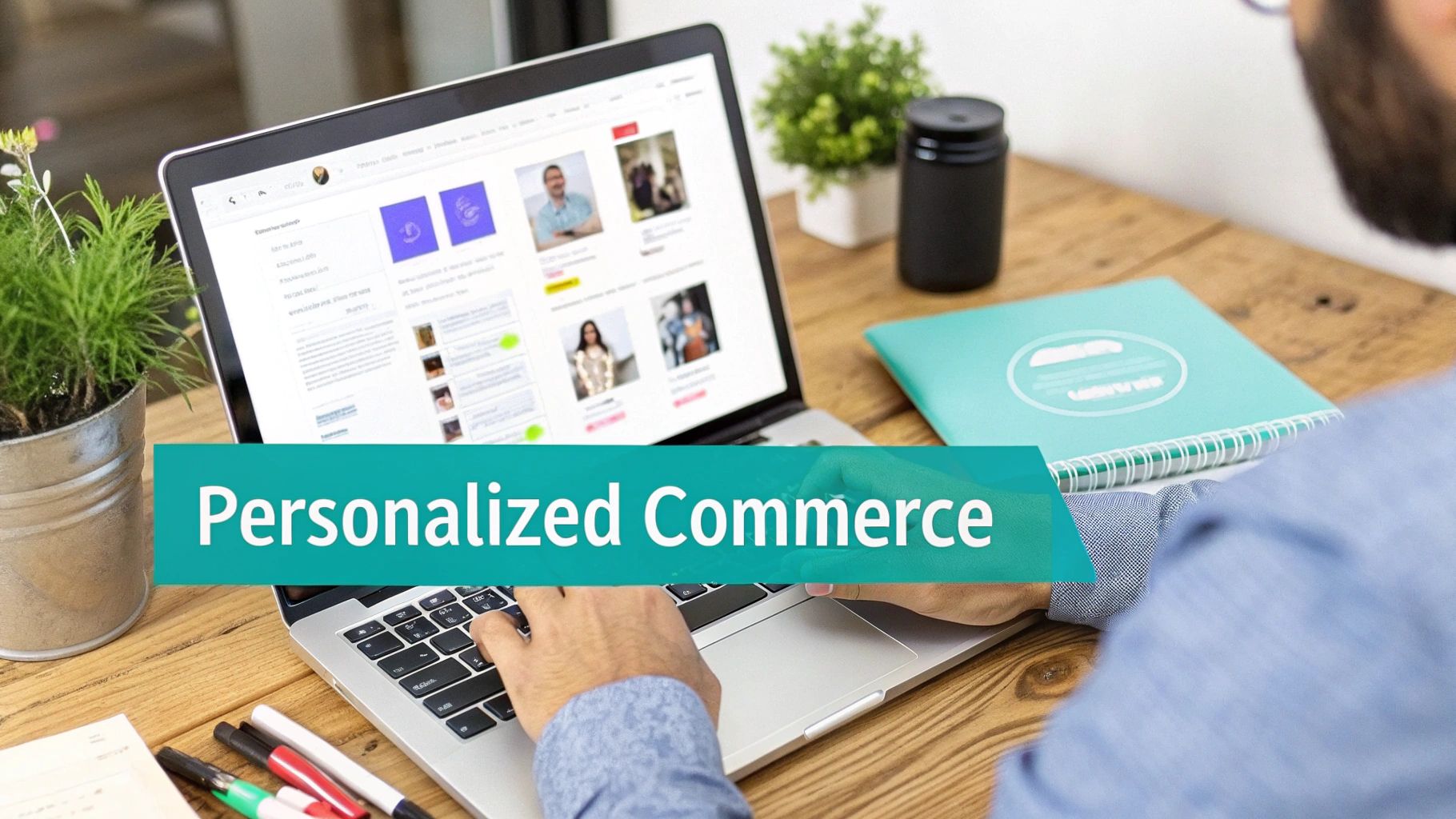 Hands typing on a laptop displaying a personalized e-commerce interface on a wooden desk.